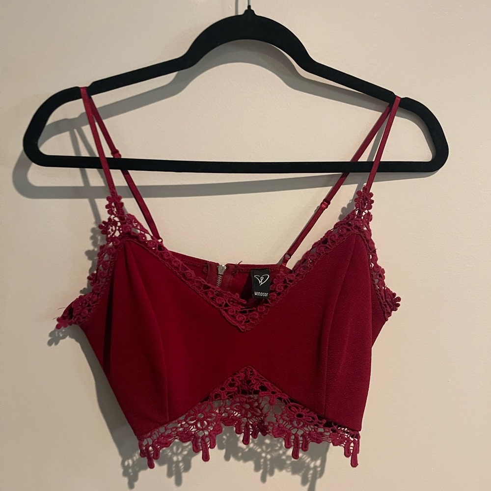Burgundy Lace Trim Crop Top